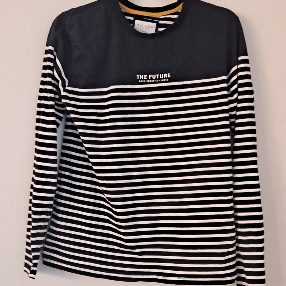 Denim & Flower Men's Long Sleeve shirt - Navy and white striped stripes - Size S